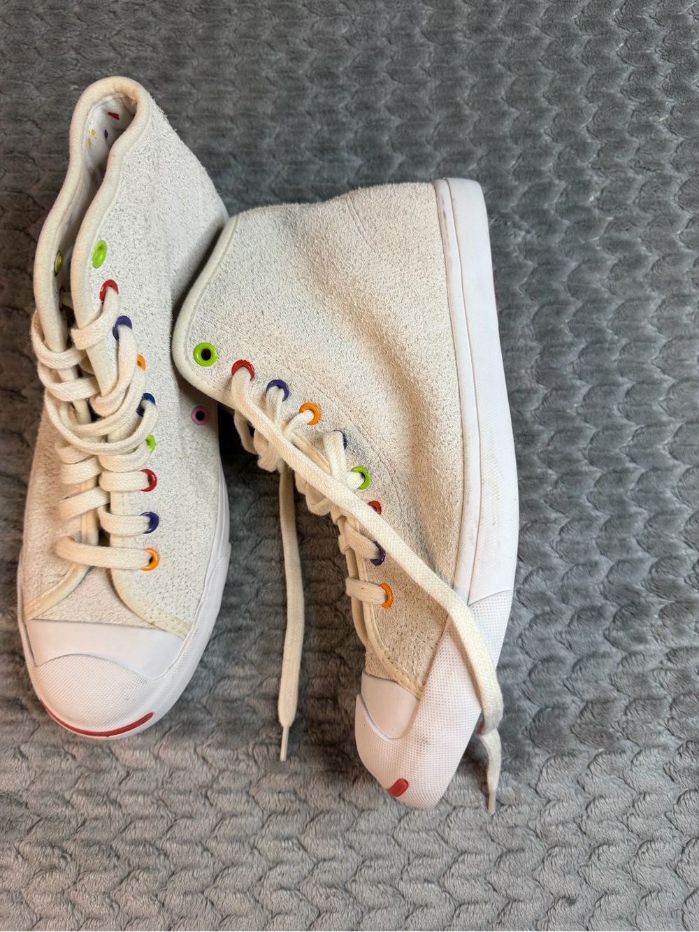 Jack Purcell Converse Cream High-Top Sneakers with Rainbow Eyelets - Picture 3 of 6